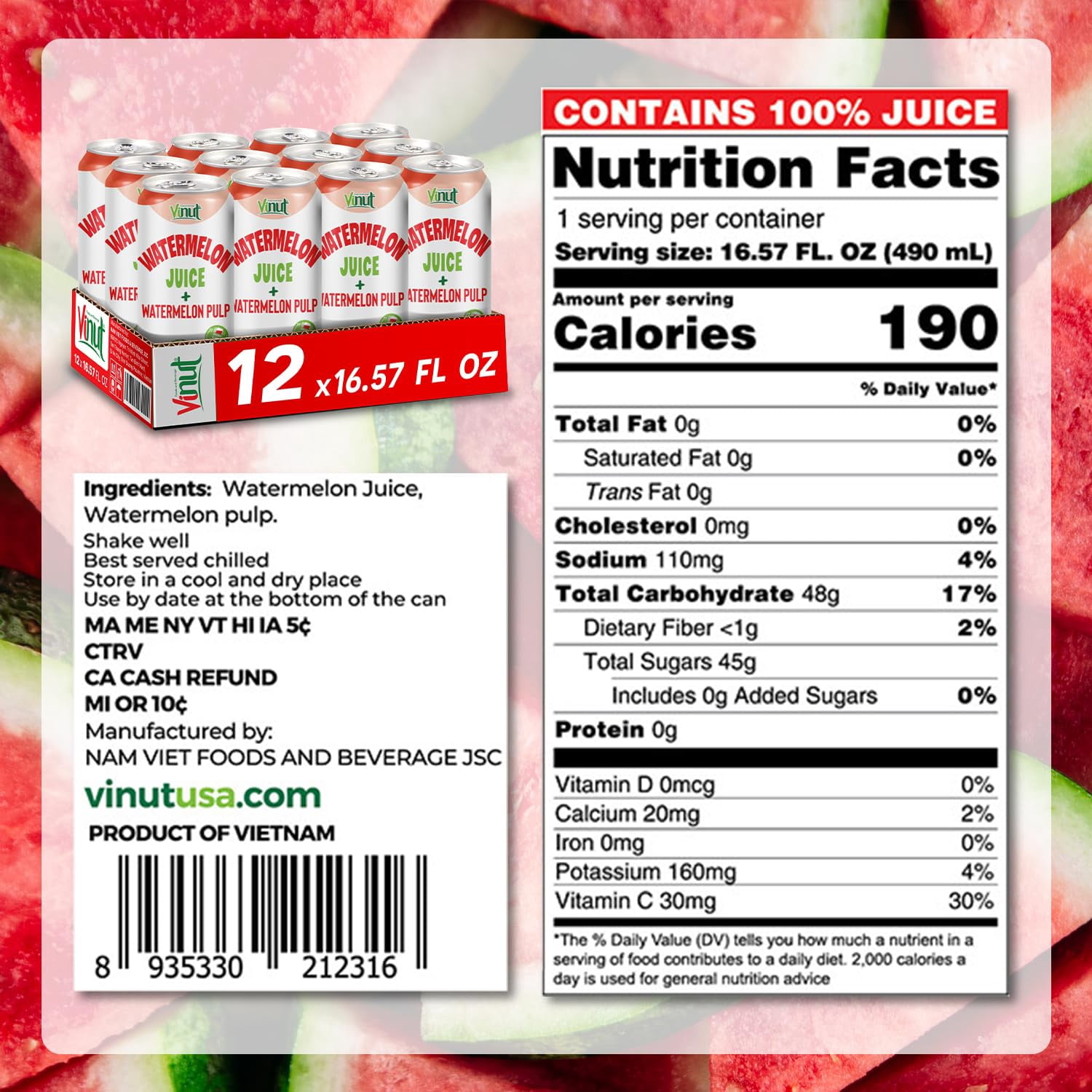 Vinut 100% Watermelon Juice With Pulp (16.57 fl oz, Pack 12), No Sugar Added, Fresh, Natural, Not from Concentrate (NFC)