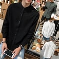 thumbnail image 3 of Chemise Simple de Loisirs pour Homme, Col Montant, Chemises Décontractées Amples, Manches Longues, Chemises en Coton et Lin, 3 of 6