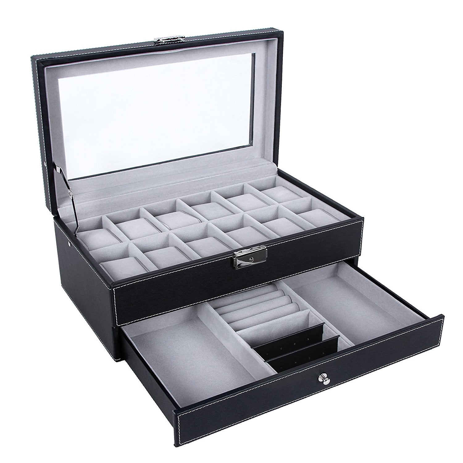 Luxury PU Leather Jewelry Watches Display Case 8 Grids w/ Mirror Storage Box 