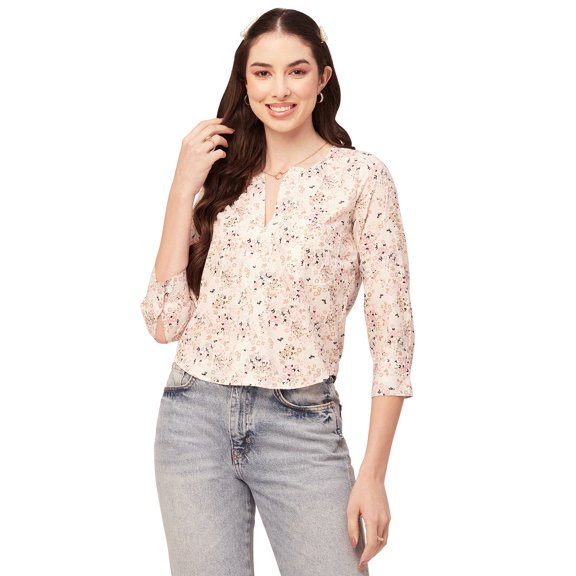 Moomaya Printed Short Top For Women V Neck Full Sleeve Regular Tunic Top