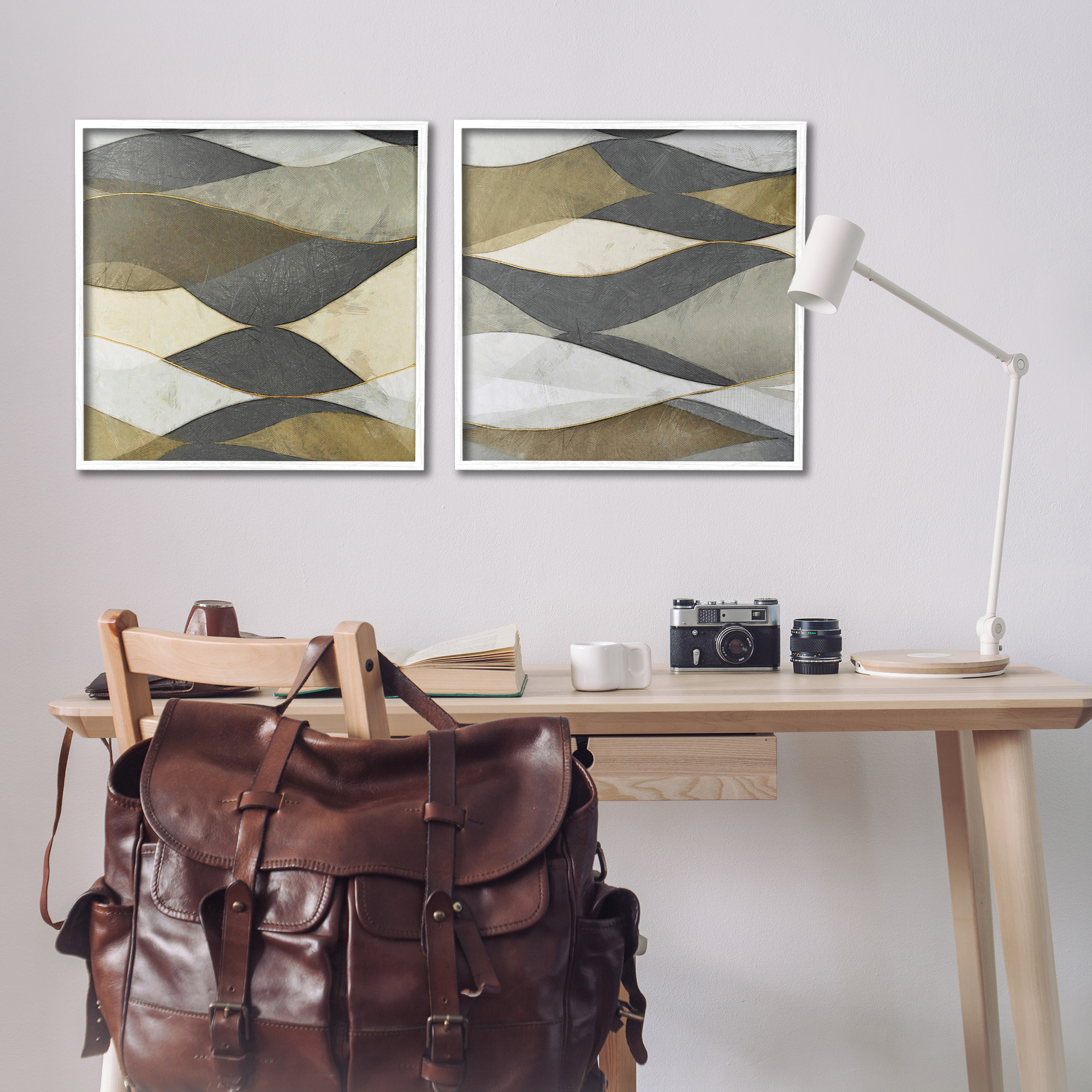 Stupell Industries Contemporary Layered Waves Abstract Painting White Framed Art Print Wall Art, 24 x 24, Set of 2