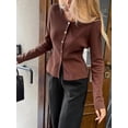 thumbnail image 4 of Women'S Vacation Button Cardigan Long Sleeve Knit Top Business Casual Round Neck Slim Fit Jacket Shirt Brown S, 4 of 7