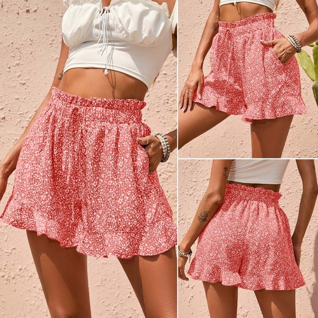 MKLEKYY Pantalones Cortos Deportivos para Mujer, Informales, Elásticos, de Cintura Alta, con Volantes y Estampado Floral, Cómodos Pantalones Cortos de Playa de Verano con Bolsillo