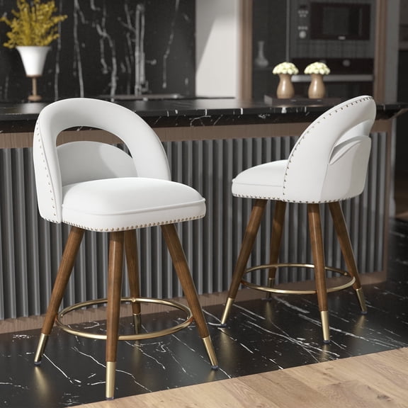 Ninecer 24" Counter Height Swivel Bar Stool Set of 2, Cream Velvet Upholstered Bar Stool with Back, Gold-Tipped Wood Legs, Thick Cushion Seat and Footrest, Modern Stool for Home Kitchen Island