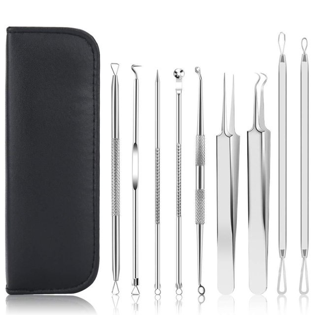 Kit de herramientas para reventar espinillas, 9 piezas de herramientas para eliminar puntos negros con pinzas, herramienta profesional para extraer espinillas y acné de 16 cabezales