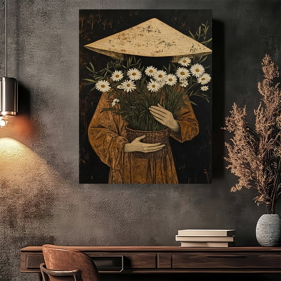 2D Flat, 1pc Floral Serenity Canvas Wall Art - Traditional Hat with Daisies, Vintage Modern Floral Poster Print in Wrapped Canvas Frame, Ready-to-Hang Home Office Living Room Bedroom Decor - Botanica