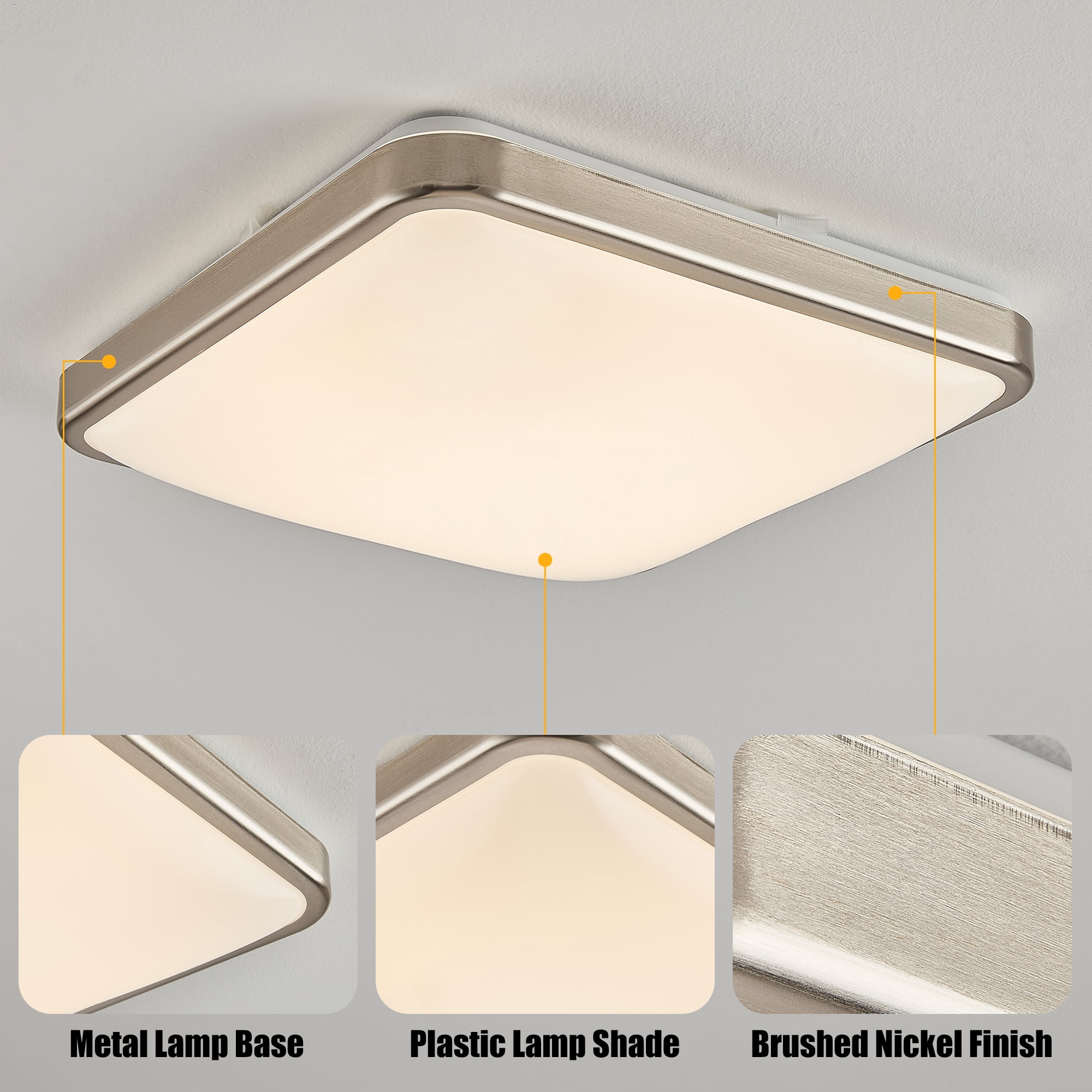 Modern elegant Dimmable 14" Square Flush Mount LED Ceiling Light , Stylish And Energy-Efficient Fixture Brushed Nickel Finished, For  Bedrooms, Kitchens, Living Rooms And Offices