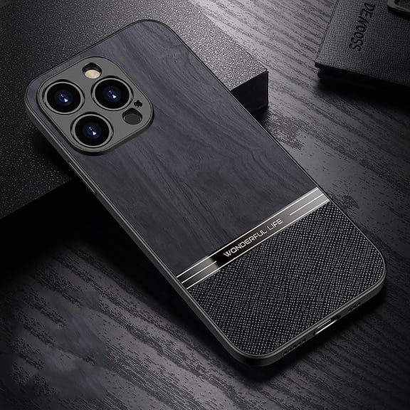 K-Lion Case for Apple iPhone 14 Pro,Wood Texture PU Leather Slim Thin Fit Lightweight Full Camera Lens Protection Anti-Fingerprint Shockproof Phone Cover,Black