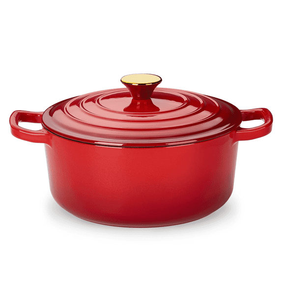 CAROTE 4.5QT Enamel Cast Iron Dutch Oven, 9.5 Inch Round Soup Pot with Lid, Induction Compatible,Red