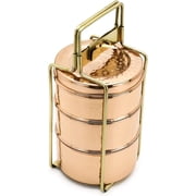 Traditional Royal Indian Copper Hammered with Brass Handle Tiffin Box Animal with Pewter Lining 3 Compartments Office Tiffin Lunch Box