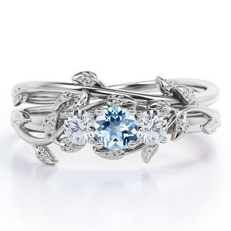 JeenMata Nature-inspired Design 1 Carat Round Brilliant Cut Lab Created Blue Aquamarine and Moissanite Triple Stone Wedding Ring Set in 18K White Gold Plating over Silver