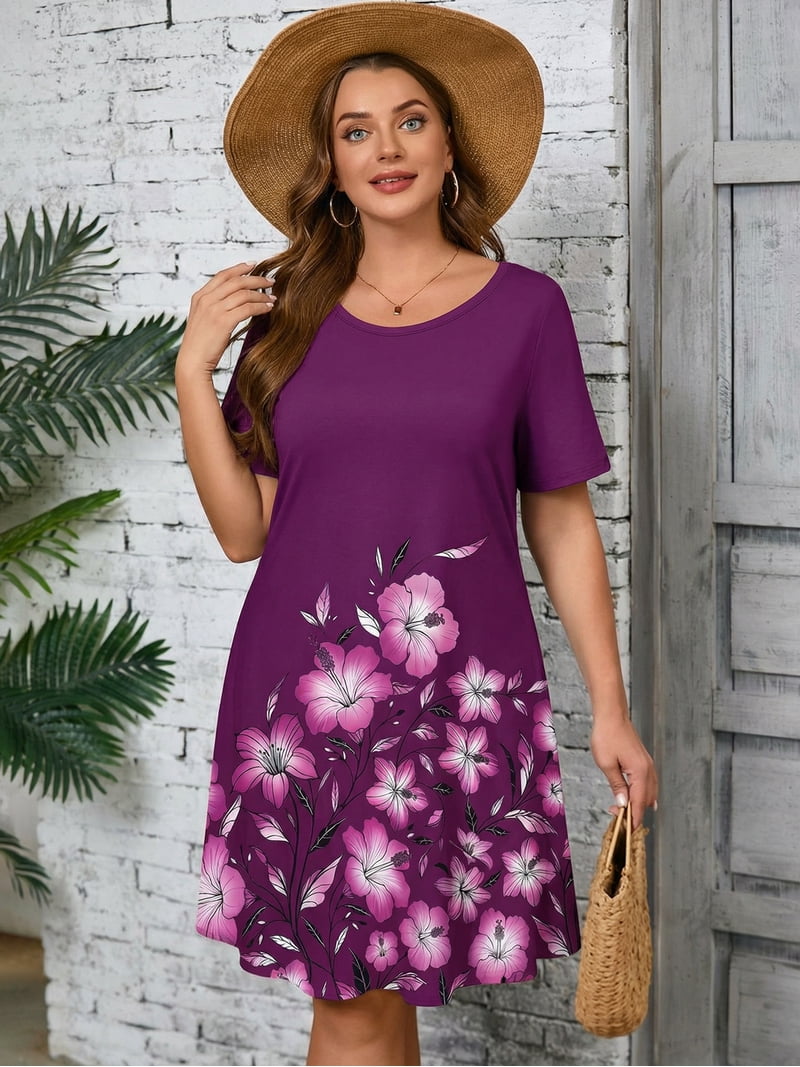 plum t shirt dress Showmall Women's Plus Dresses Short Sleeves Floral Casual T-Shirt Dresses with Pockets 3X Plum Hibiscus Border Print, Size: 3XL, Purple