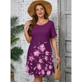 thumbnail image 2 of SHOWMALL Women's Plus Dresses Short Sleeves Floral Casual T-Shirt Dresses with Pockets 3X Plum Hibiscus Border Print, 2 of 10