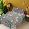 thumbnail image 2 of Ambesonne Floral Design Fitted & Flat Sheet with Shams 4 Pcs Set, Retro Minimal Blooms, Queen, Fern Green Pale Rose Rose, 2 of 5
