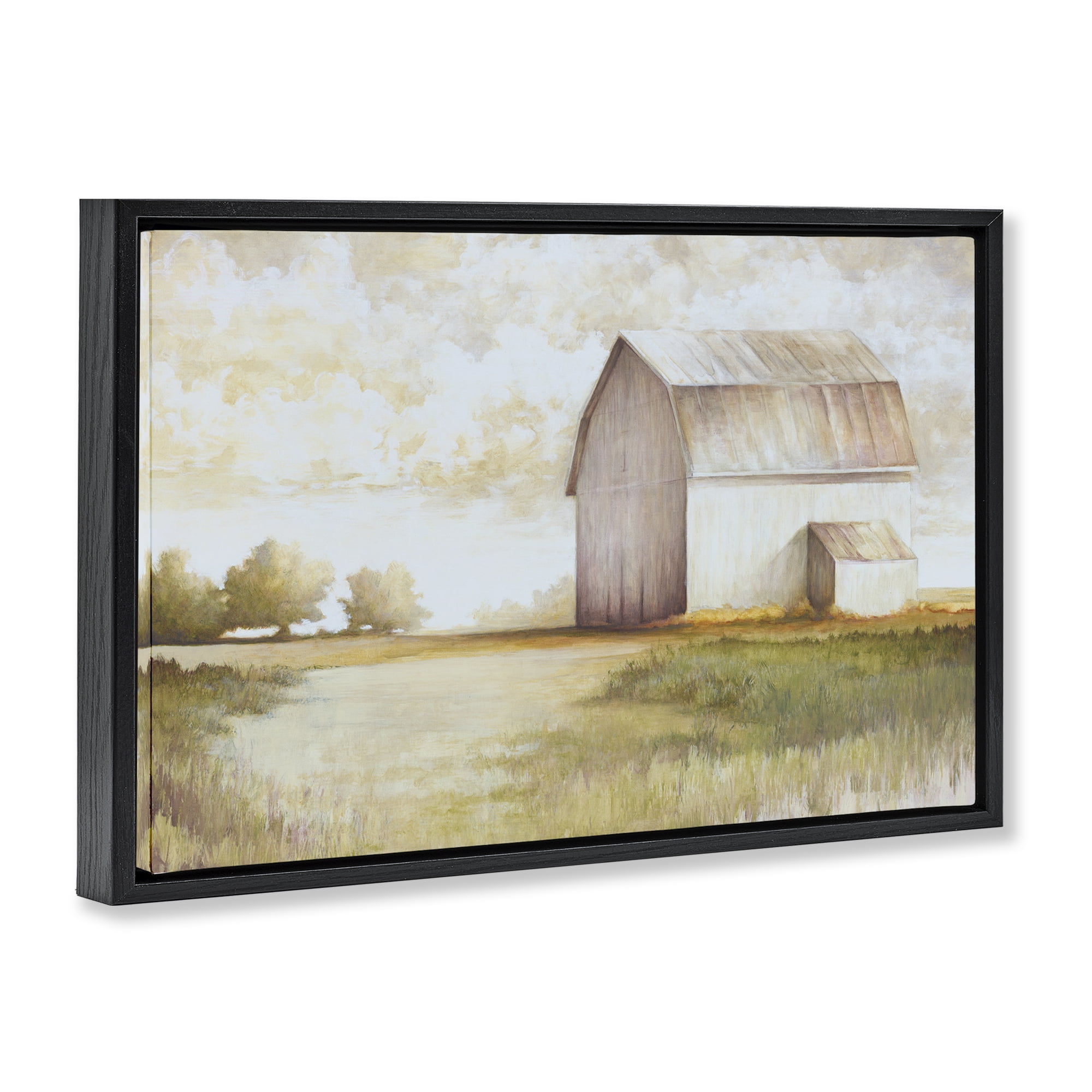 Stupell Industries Neutral Distant Barn Landscape Painting Black Floater Framed Canvas Art Print Wall Art, 25 x 17