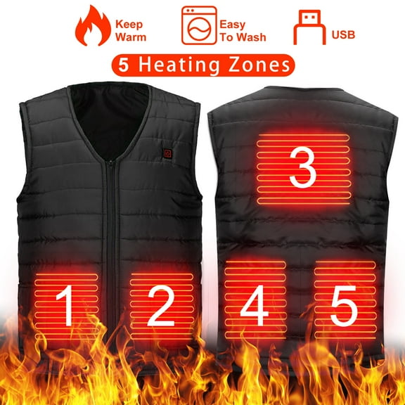 Heated Jacket Vest for Men Women Electric USB Vest with 5 Heating Zones 3 Heating Gear Adjustable Lightweight Winter Warm Vest Battery Not Included Black L