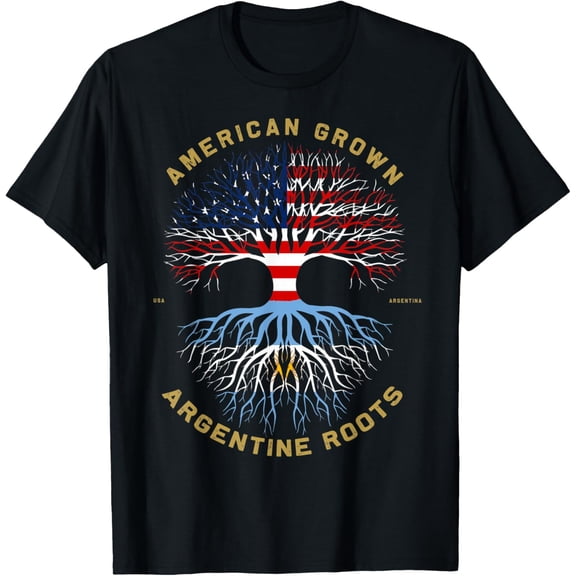 American Grown With Argentine Roots Tree USA Flag Gifts T-ShirtMen's and women's gift, black and white T-shirt, size: Extra large S-4XL