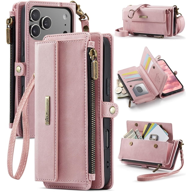 Funda tipo cartera para iPhone 17 Pro Max: funda de piel sintética con bloqueo RFID, tarjetero, bolsillo con cremallera, soporte, cierre magnético y correa para el hombro y la muñeca