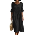 thumbnail image 2 of Guieoi Womens Dresses Plus Size Round-Neck Solid-Color Cotton-Linen Short-Sleeve Lace-Trimmed Ruffled-Sleeve Dress Black M, 2 of 6