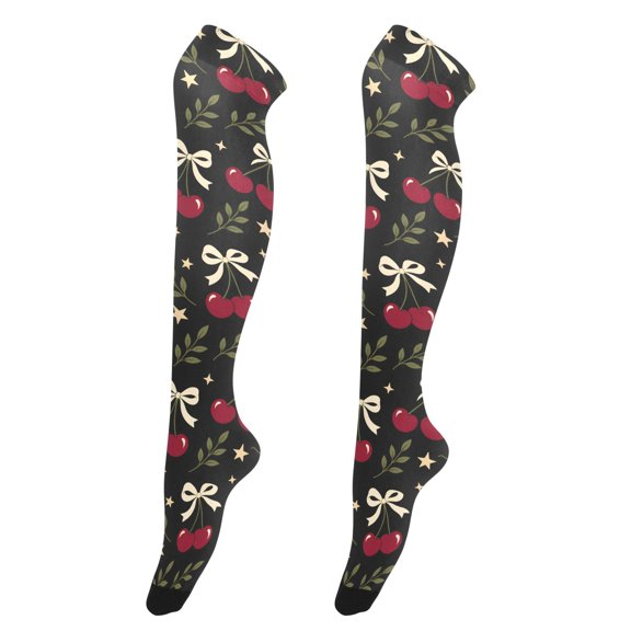 Black Background Cherry High Thigh Socks Over Knee Thin Tights Long Stocking for Women Leg Warmer