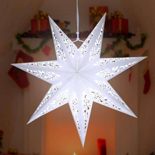 Linterna de papel navideña en forma de estrella de 17,7 pulgadas, grande, hueca, en forma de estrella, blanca, luces de papel de estrella de 7 puntas, sombra blanca