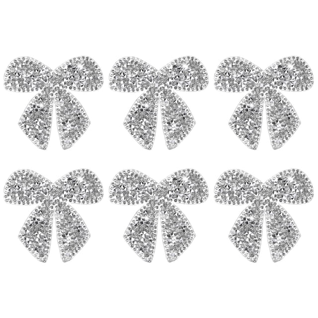 Uxcell 6-Pack Parches de Strass en Forma de Lazo de 6cm Adhesivos Plateados para DIY/Ropa/Zapatos/Bolsas
