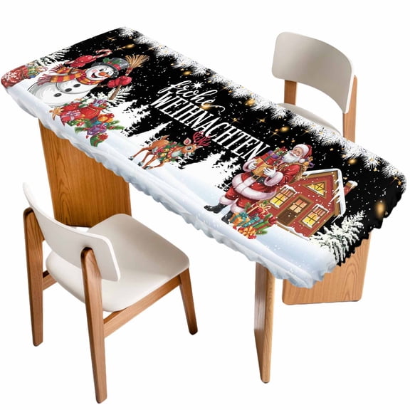 Black Christmas Table Cloths for 8 Foot Rectangle Tables, Santa Snowman Snowflake Gifts Elk Patio Waterproof Elastic Fitted Tablecloths, Washable Rectangular Table Cover for Camping