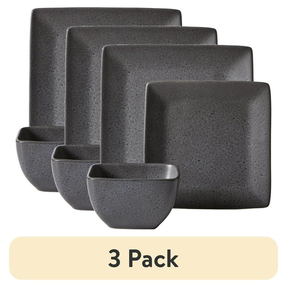(3 pack) Better Homes & Gardens Anderson Grey Square-Shaped Stoneware 12-Piece Dinnerware Set
