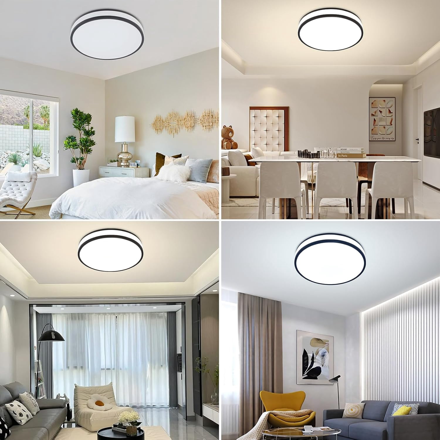 Flush Mount LED Ceiling Light, Round Modern Ceiling Lamp 15 Inch Wide Ceiling Lamp Ceiling Lighting Fixtures Dimmable Black Lights for Bedroom Kitchen Hallway
