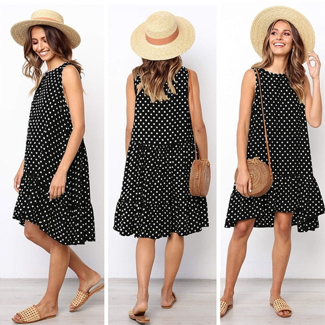 Vestidos largos Fnochy para mujer, vestido de verano en liquidación, moda, cuello redondo, sin mangas, lunares, suelto, vestido con volantes grandes