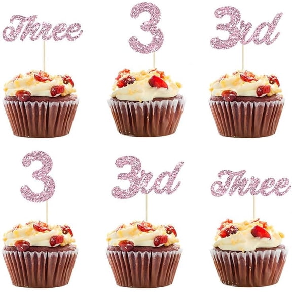 12pcs 3rd Birthday Cupcake Toppers Glitter Three Cupcake Picks for Baby Shower Anniversary Third Birthday Party Cake Decorations Supplies (Pink)