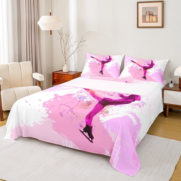 Feelyou Teens Skating Athlete Twin Sheet Sets, Pink Art Watercolor Twin Fitted Sheet, Eat Sleep Ice Skates Flat Sheet, Ultra Soft Bedroom Decor, 3-Piece