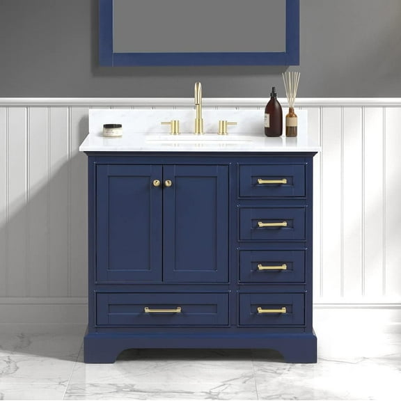 Blossom All Wood 36" Freestanding Navy Blue Bathroom Vanity with Marble Countertop and Ceramic Sink