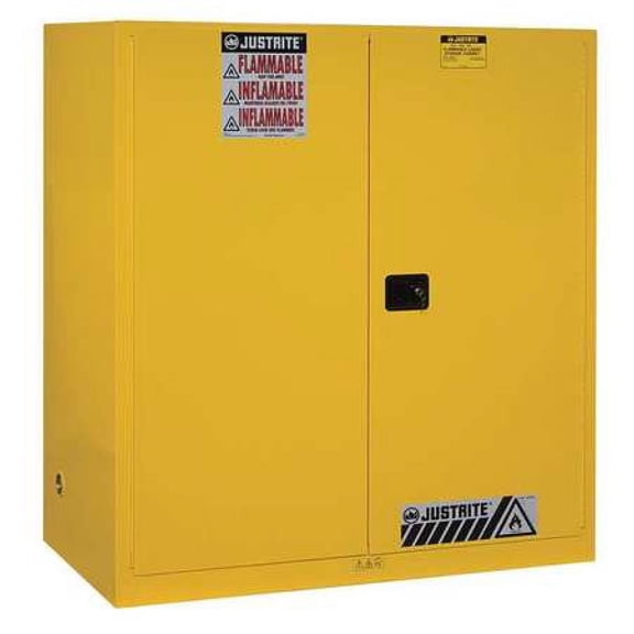Justrite Sure-Grip EX Steel 2 Door Self-Close Vertical Drum Storage Cabinet, 110 Gallon, Yellow