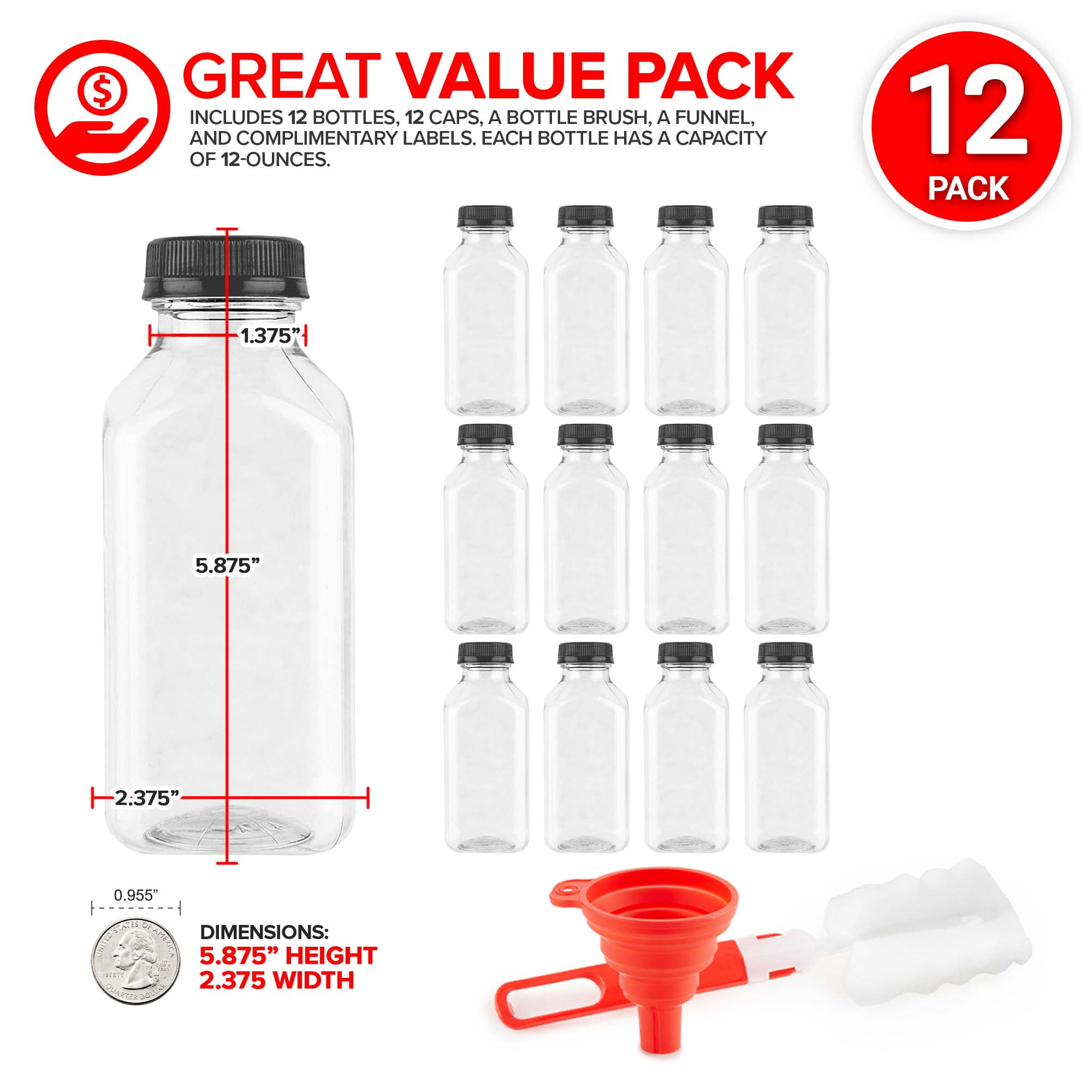 12oz Reusable Clear Plastic Juice Bottles with Caps, 12 Pack, by Stock Your  Home 