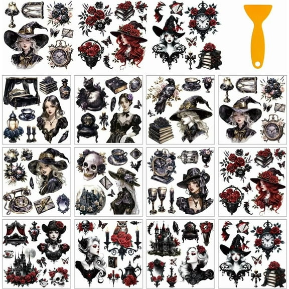 12 Sheets Dark Gothic Style Rub on Transfers for Craft Transfer Sticker Furniture Decals Waterproof Stickers for Home Window Bedroom Living Room Water Bottle Glass Decoration