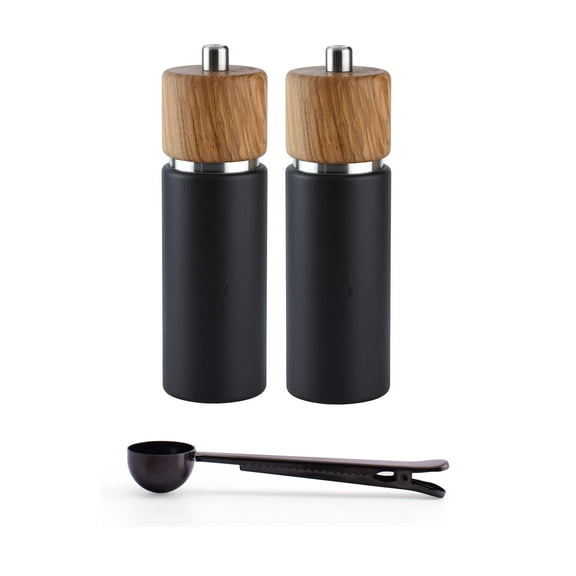 Zassenhaus Hannover Salt & Pepper Grinder Mill Gift Set, 7-Inch, Matte Black/Natural Olive Wood - With Stainless Steel Spice Scoop & Bag Clip