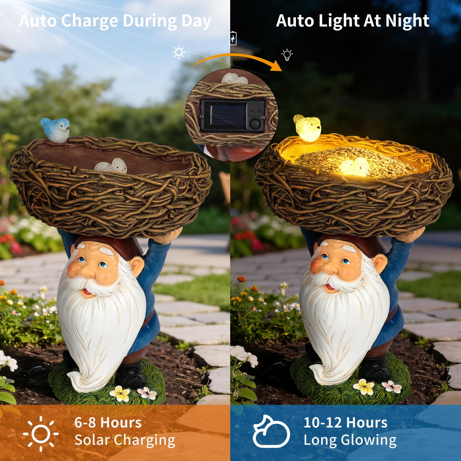 DAK Solar Garden Gnome Statue with Bird Feeder & LED Light, 9" Resin Outdoor Gnome with Nest Bowl, Waterproof UV Resistant