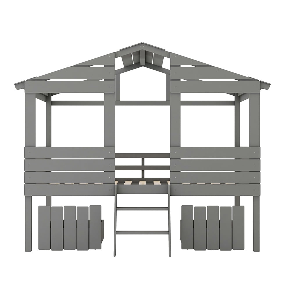 Kadyn kids Bunk Loft Bed with Two Drawers, Windows and Roof Design, Gray Kadyn kids Bunk Loft Bed with Two Drawers, Windows and Roof Design, Gray