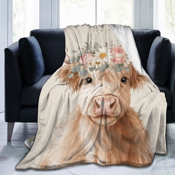 Boho Highland Cow Blanket Floral Crown Farmhouse Art Soft Flannel Fleece Decorative Blanket for Sofa Travel Living Room 50x40