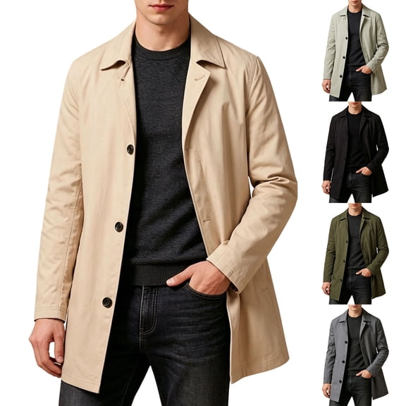 Mens Trench Coat Slim Fit Single Breasted Casual Mid Long Jacket Lightweight Lapel Spring Fall Windbreaker Overcoat for Travel office Daily Outfits Khaki
