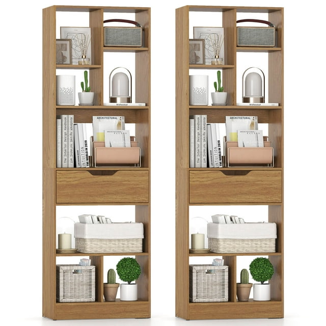Costway 2 PCS 61" Bookcase with Drawer, 8 Open Cubes, Anti-toppling Kits for Living Room Natural