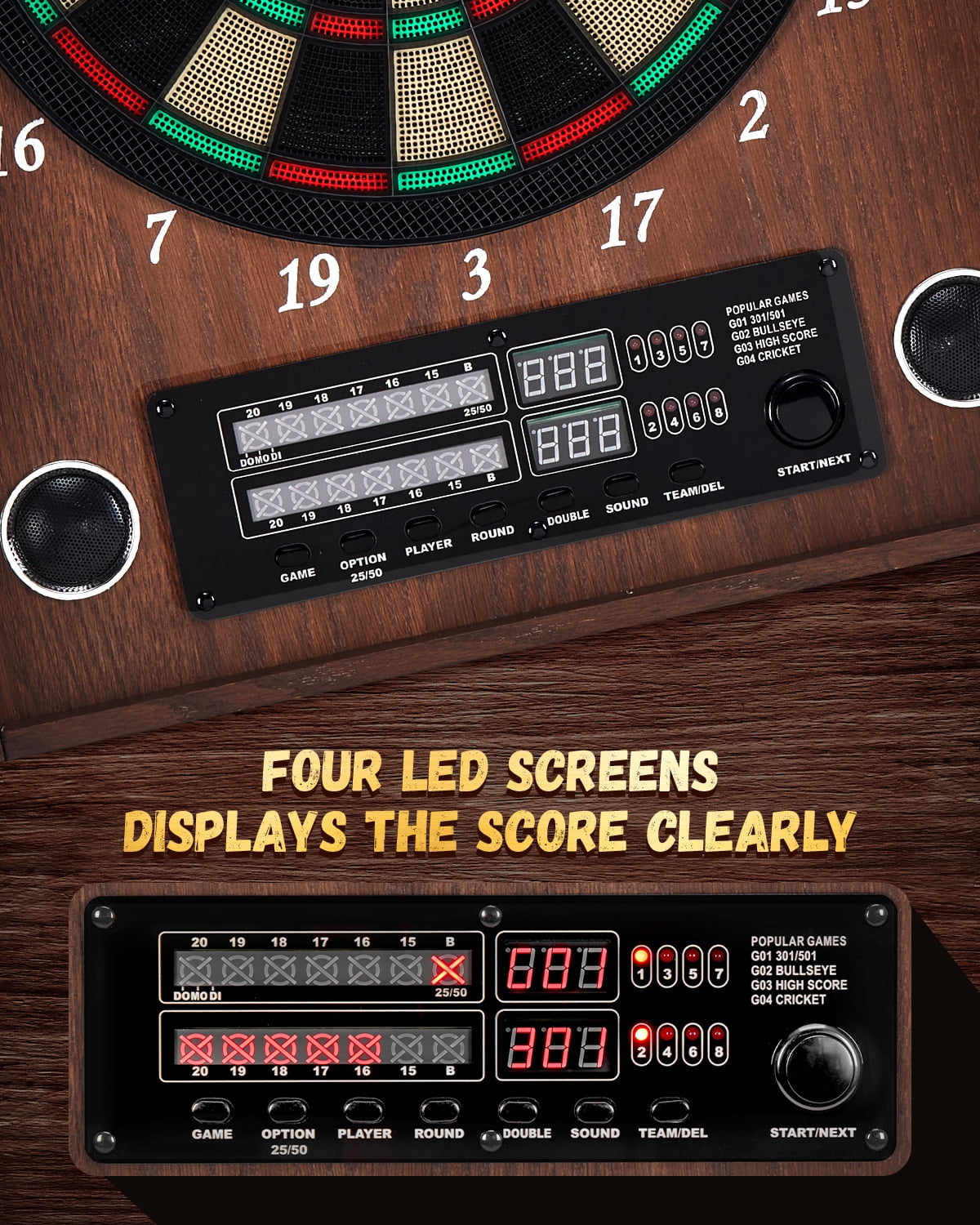 Yirinatek Electronic Dart Board, Decorative Dart Board Cabinet Set for Adults [12*Bronze Soft Tip Darts] [Cricket Game Mode]- Wooden Electric Dartboard Cabinet for Family Game Rooms [Coffee]