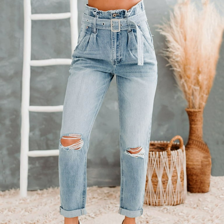 VBARHMQRT Wide Leg Jeans Women Plus Size Petite Casual Temperament  Commuting Washed Jeans with Belt Fashion Straight Ripped Jeans High Rise  Jeans for Women Tummy Control Short 