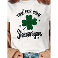 thumbnail image 1 of Women's St. Patrick's Day Shenanigans Graphic T-Shirt - Casual Crew Neck, Short Sleeve, White with Green Shamrock & Black Lettering, 1 of 5