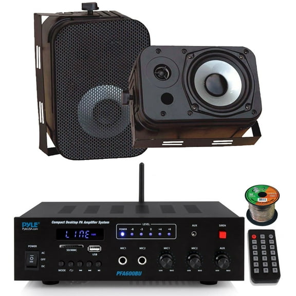 Pyle PFA600BU Compact Bluetooth USB AUX FM Radio Public Address Amplifier Receiver System Combo Bundle with 2x 5.25" 400W Max Power Indoor/Outdoor Black Waterproof Speakers, 16 Gauge Speaker Wire