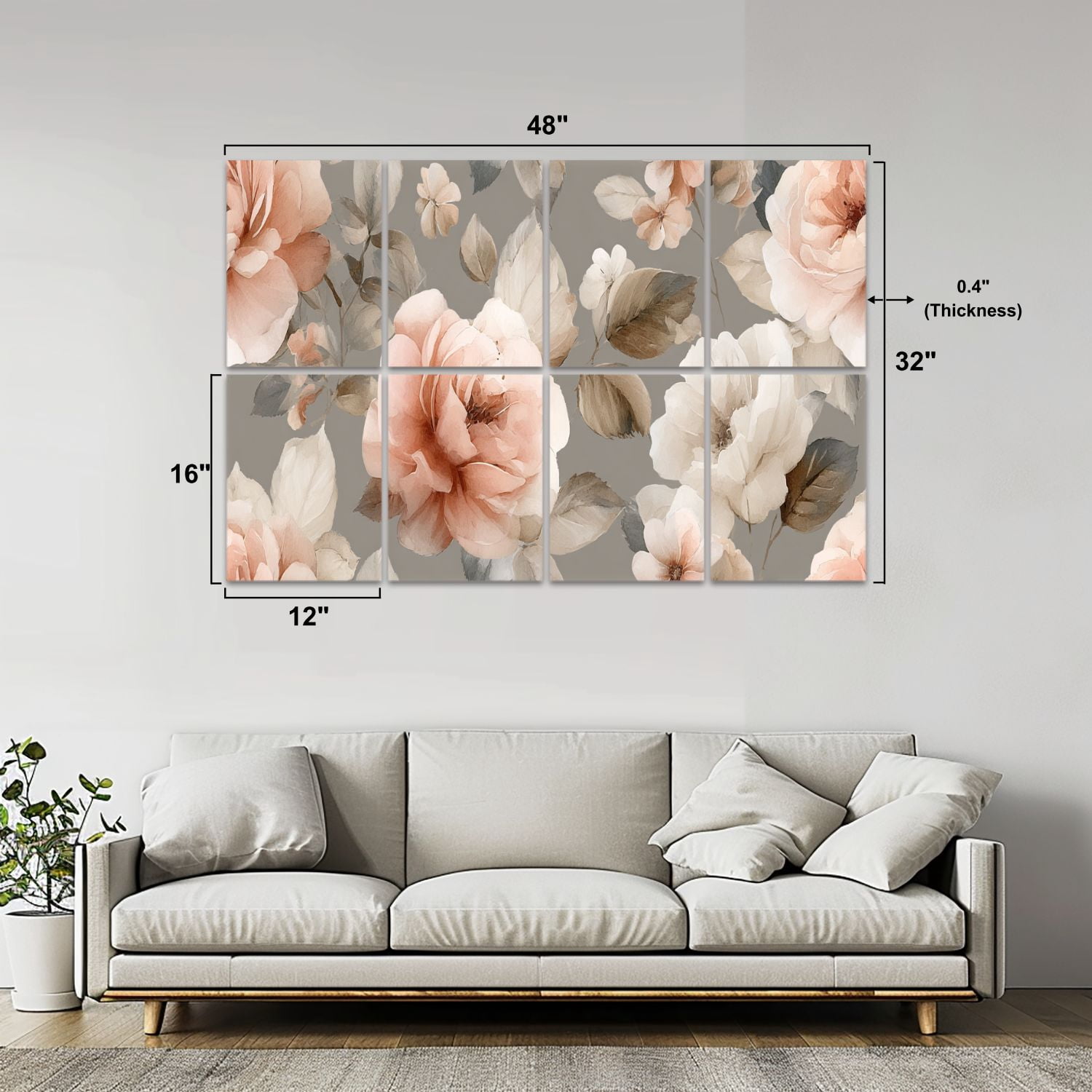 8 Pack Art Acoustic Panels Sound Absorbing Soft Peach Floral Light Beige Roses Leaves Decorative Soundproof Wall Panels Self Adhesive for Nursery Game Room Bedroom 48"x32"
