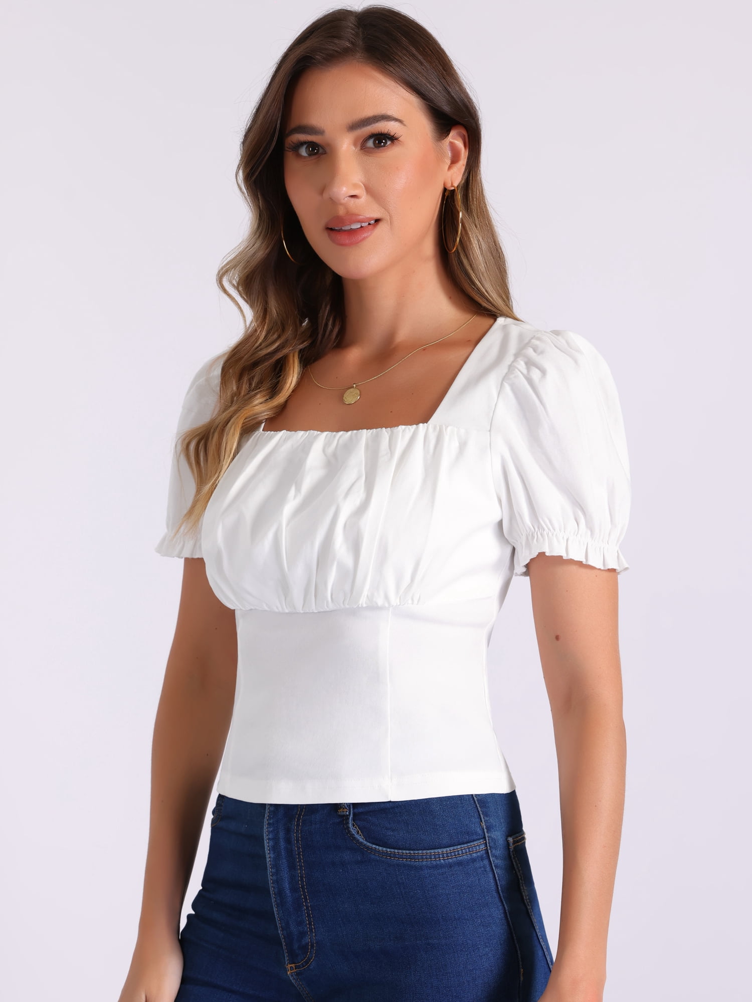 DARING DIVA Women's Square Neck Puff Sleeve Victorian Vintage Top M White