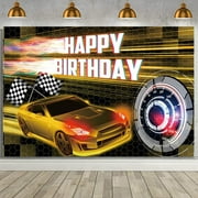 Car Racing Happy Birthday Backdrop, Gold Racing Party Photo Background for Boys, Cars Party Decorations Car Banner Gold Race Car Birthday Party Supplies Party Decor