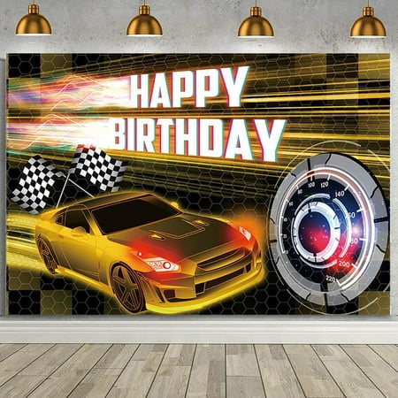 Car Racing Happy Birthday Backdrop, Gold Racing Party Photo Background for Boys, Cars Party Decorations Car Banner Gold Race Car Birthday Party Supplies Party Decor